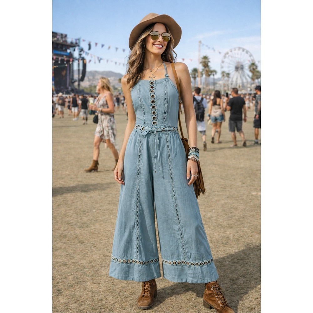 Boho Halter Wide Leg Jumpsuit Womens Size M Blue Grommet Lace‎ Up Festival Indie